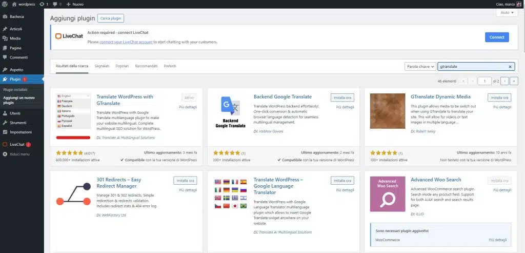 screen backend wordpress Plugin di Traduzione